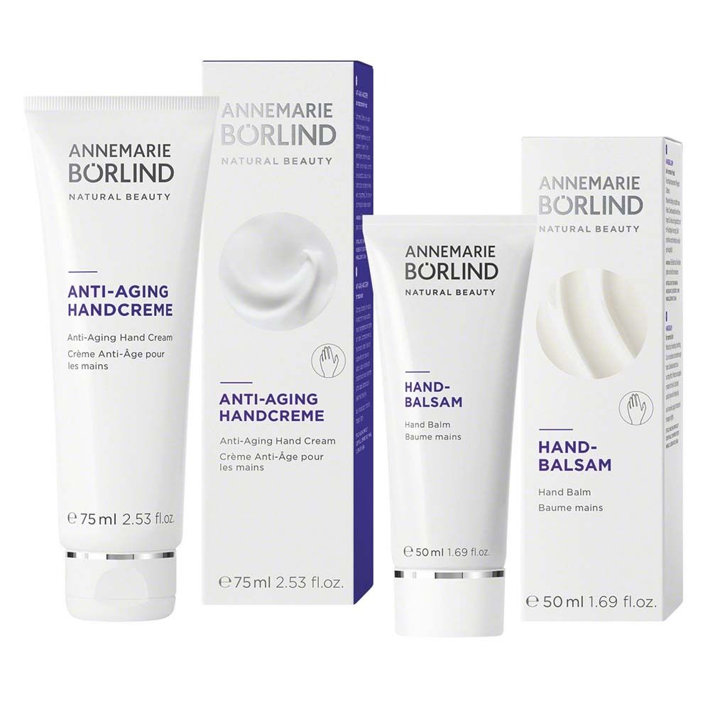 Produits crème pour les mains. Marque : ANNEMARIE BÖRLIND. Hand-Balsam et Anti-Aging Handcreme. Emballages.