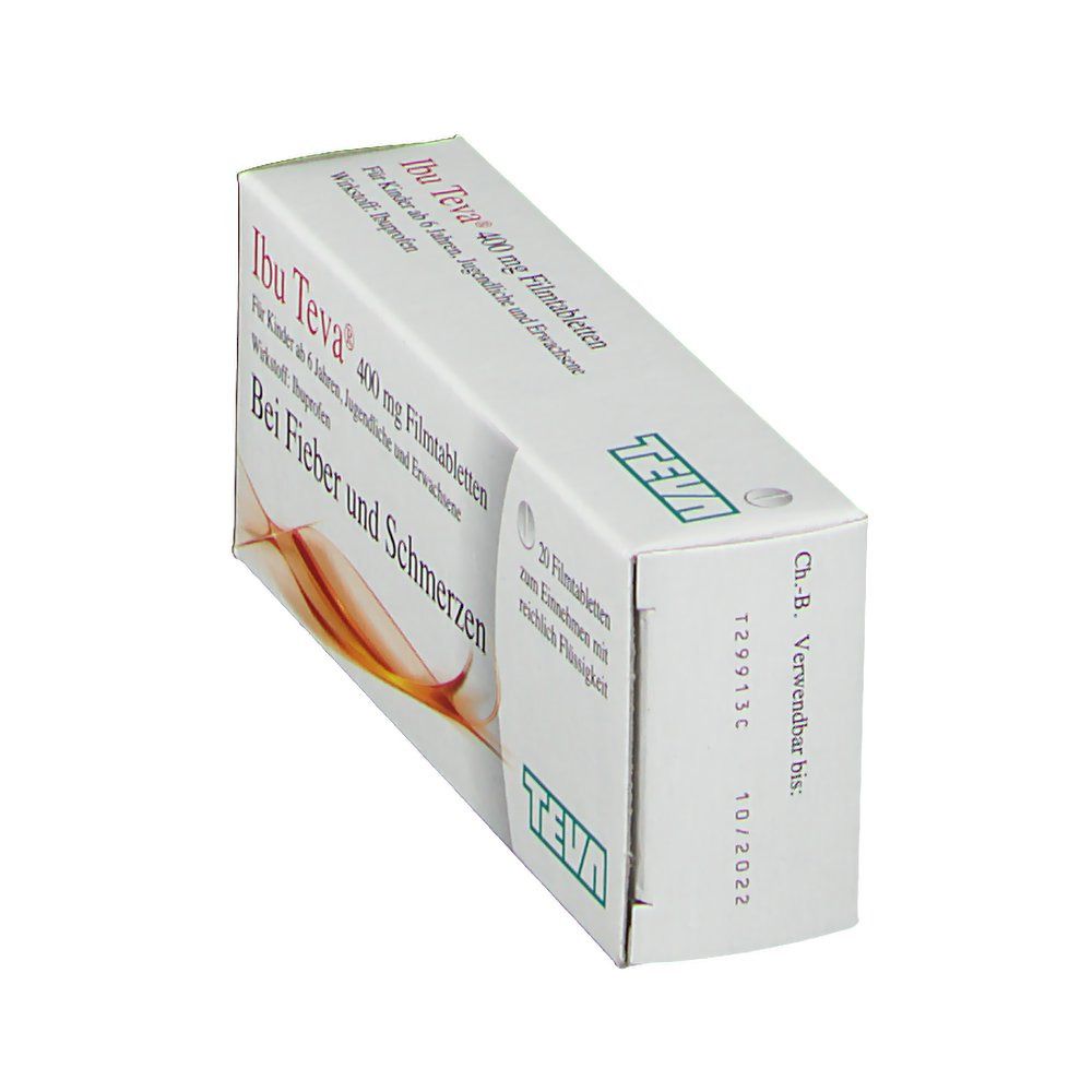 Schachtel Ibu Teva 400 mg Filmtabletten. Seitenansicht. Aufdruck: Haltbar bis 10/2022. Teva-Logo.