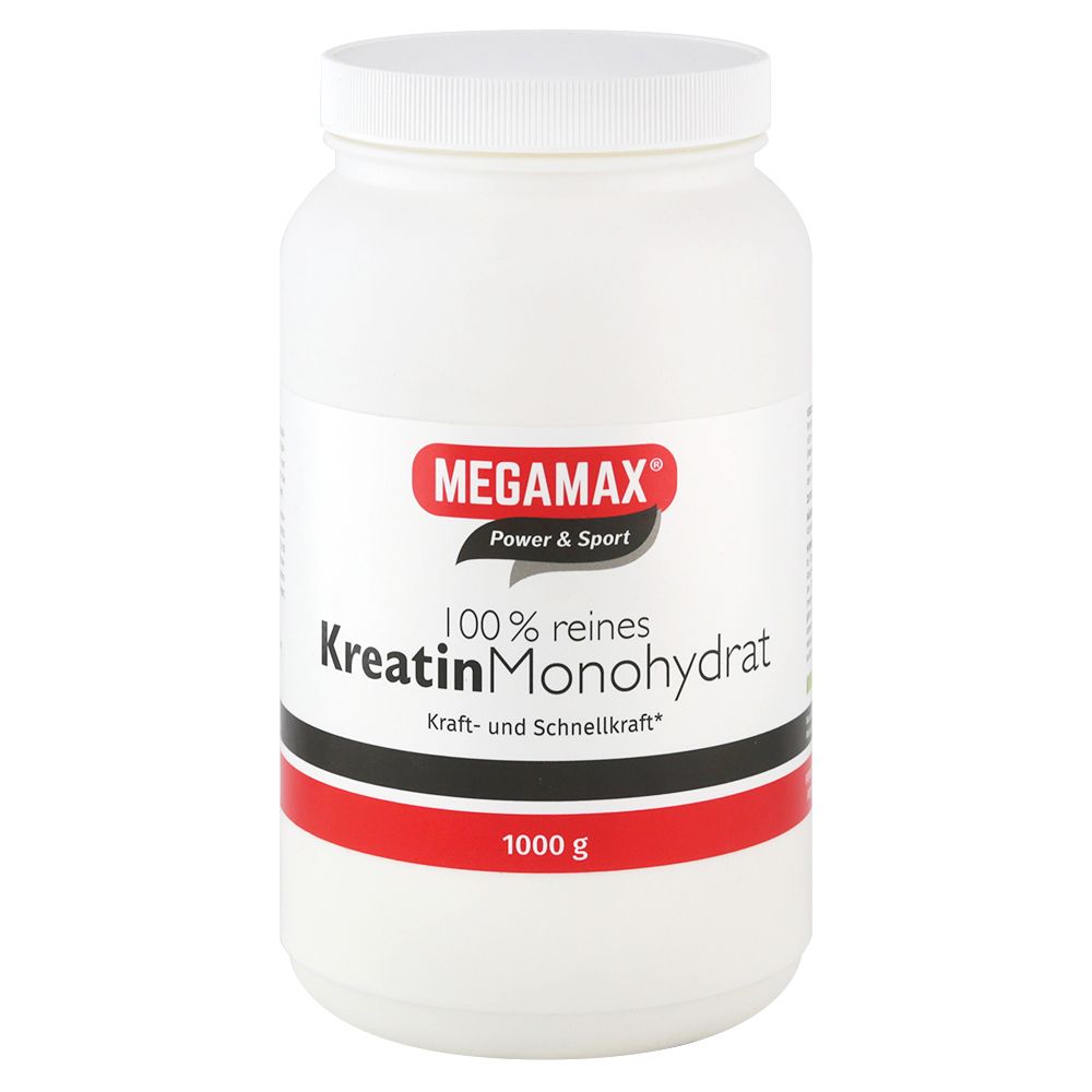 Weißes Supplement-Behälter mit roter und schwarzer Beschriftung. Aufschrift: MEGAMAX, KreatinMonohydrat, 1000 g.