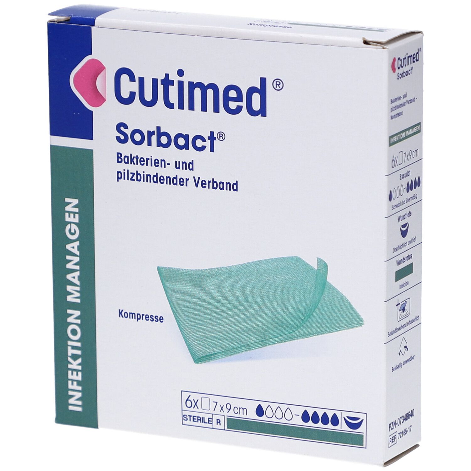 Verpackung Cutimed Sorbact Wundverband. Enthält 6 Kompressen 7x9 cm. Grünliche Kompresse sichtbar. Text: Infektion managen.