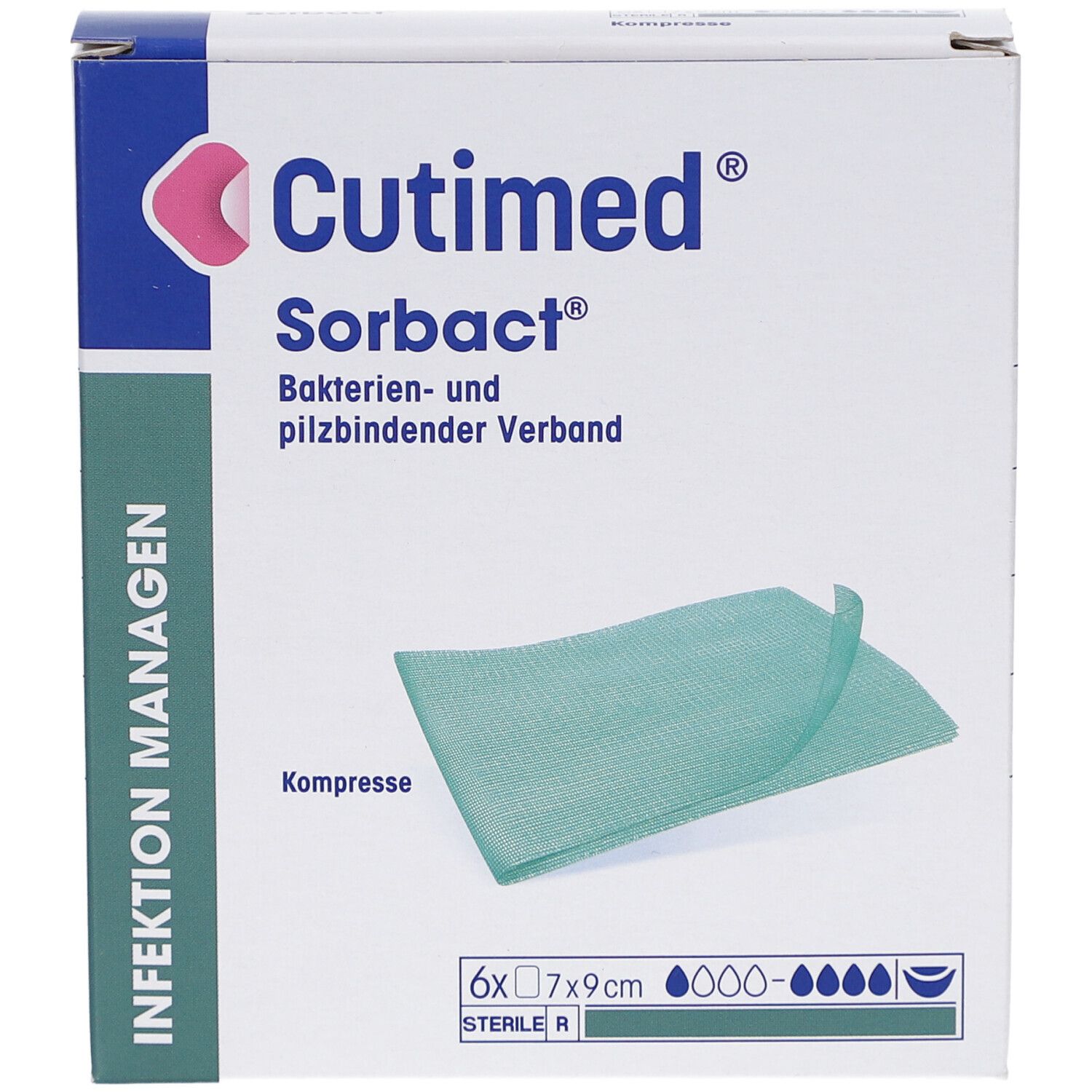 Verpackung Cutimed Sorbact Wundverband. Enthält 6 Kompressen 7x9 cm. Grüne Kompresse sichtbar. Text: Infektion managen.