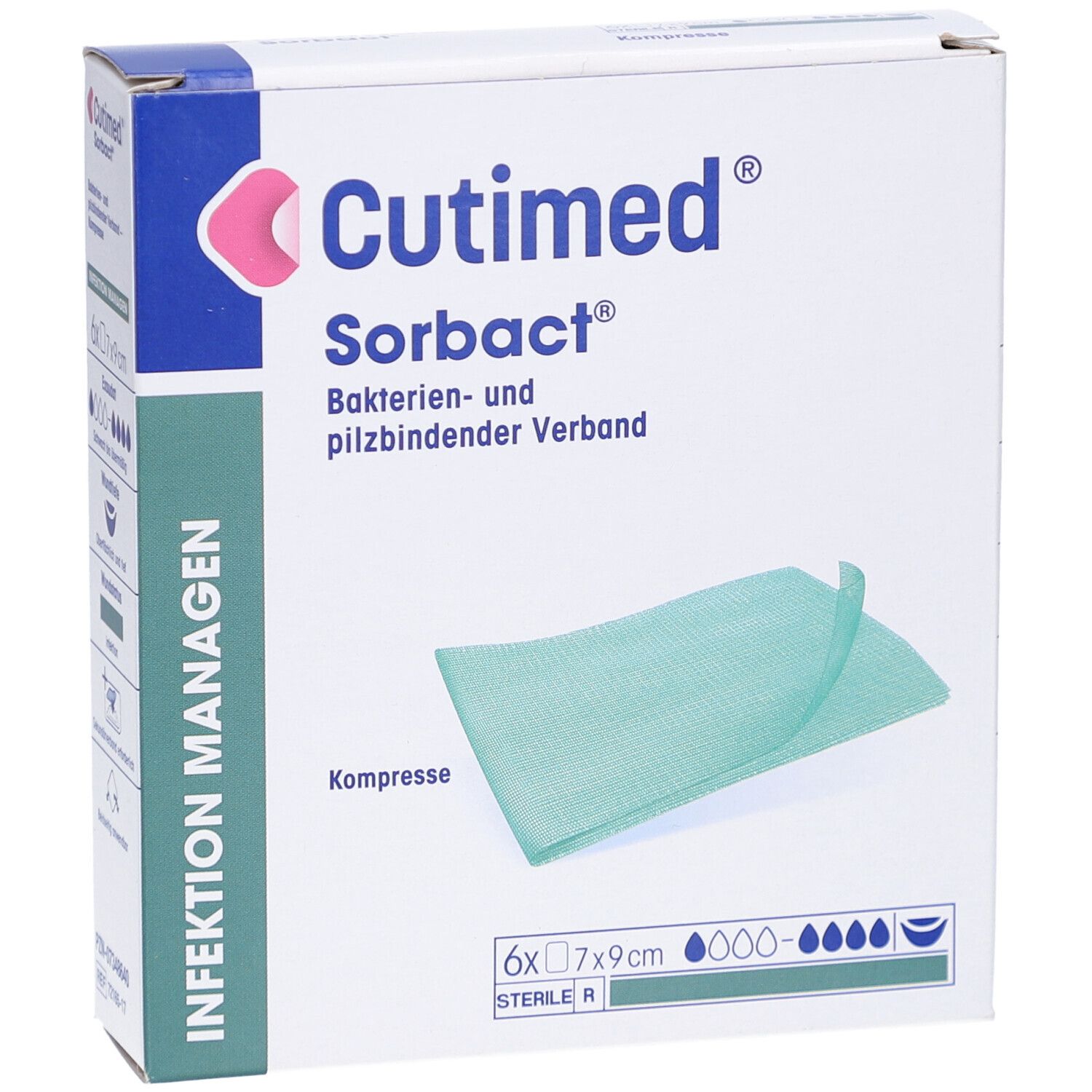 Verpackung Cutimed Sorbact Wundverband. Enthält 6 Kompressen 7x9 cm. Grüne Kompresse sichtbar. Text: Infektion managen.