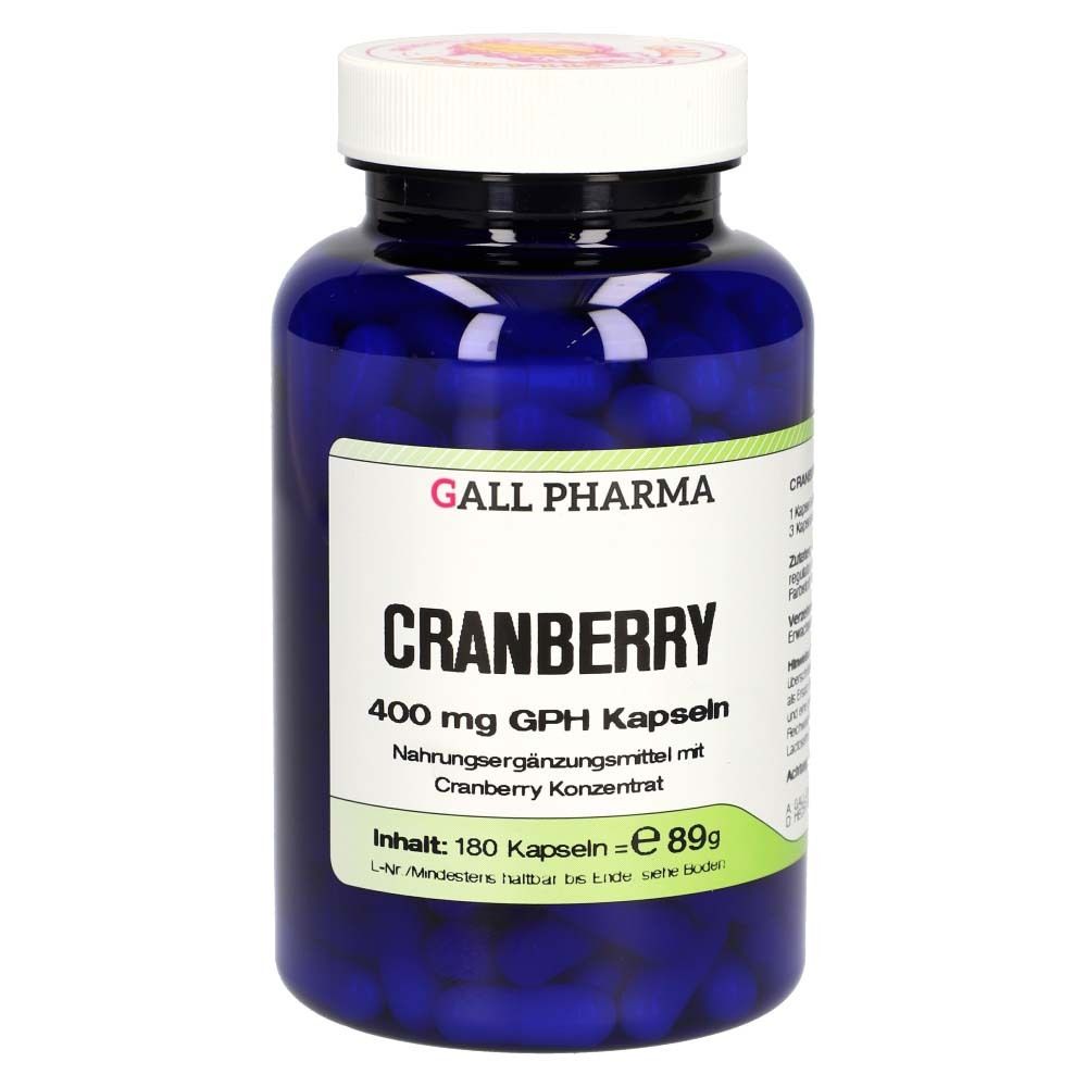 Blaue Flasche mit weißen Deckel. Aufschrift: CRANBERRY 400 mg GPH Kapseln. Inhalt: 180 Kapseln.