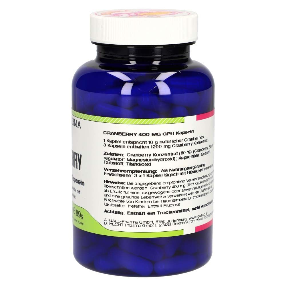 Rückseite der blauen Flasche. Text: CRANBERRY 400 mg GPH Kapseln. Zutaten, Verzehrempfehlung, Hinweise.