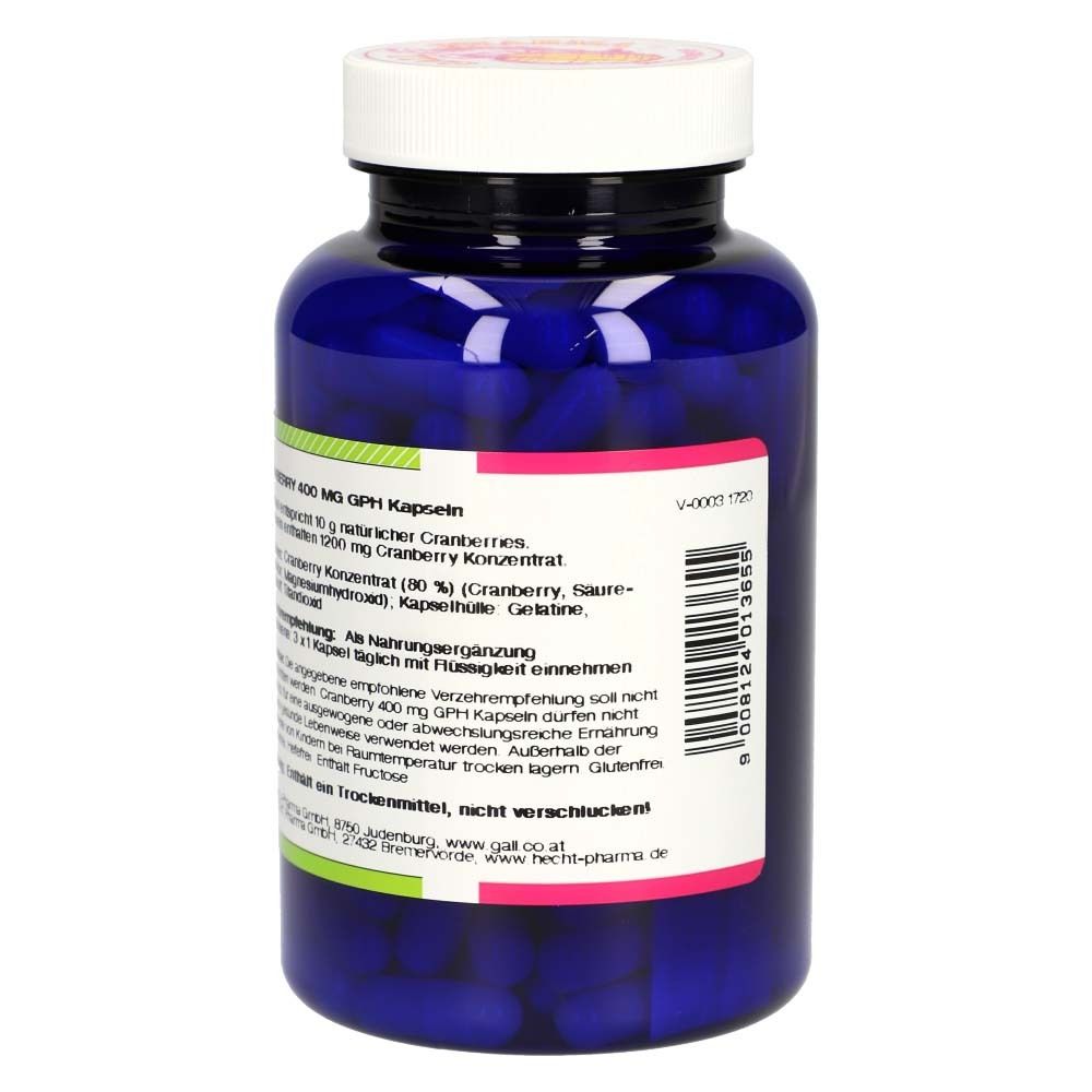 Rückansicht der blauen Flasche. Text: CRANBERRY 400 mg GPH Kapseln. Zutaten, Verzehrempfehlung, Hinweise.
