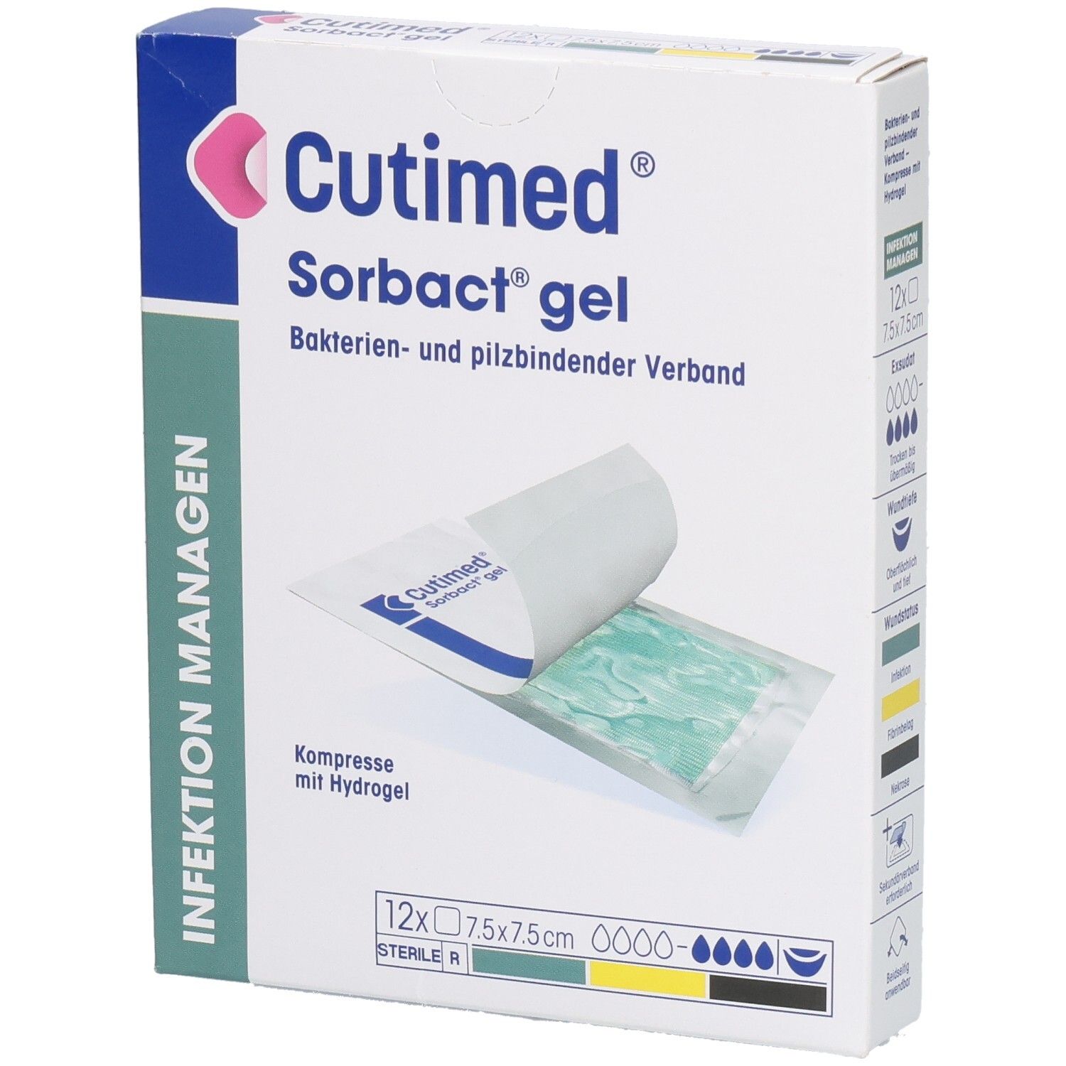 Verpackung mit Cutimed Sorbact gel Kompressen. Geöffnete Packung zeigt Kompresse. 12 Stück, 7,5x7,5 cm.