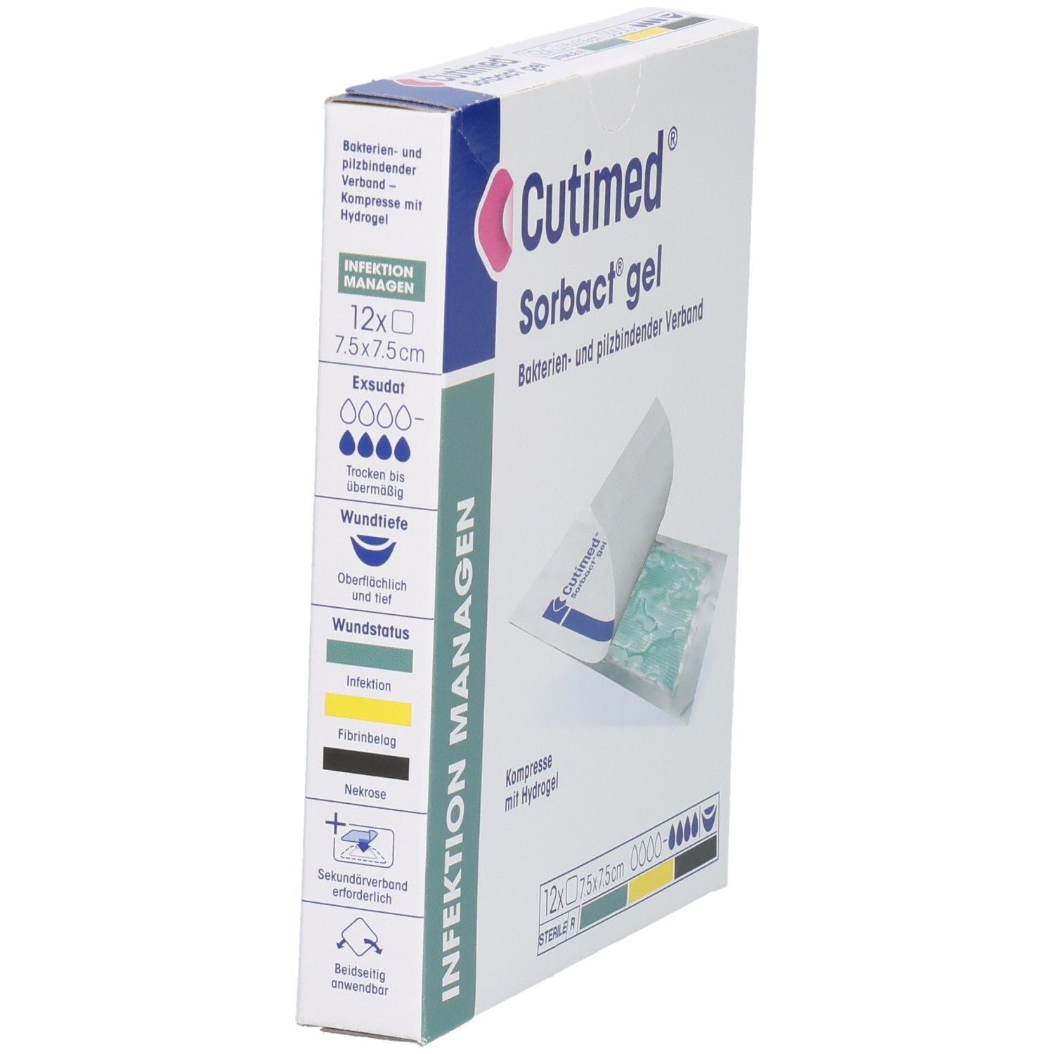 Cutimed Sorbact gel Kompressen-Verpackung. Seitenansicht. 12 Stück, 7,5x7,5 cm. Produktinformationen und Logos.