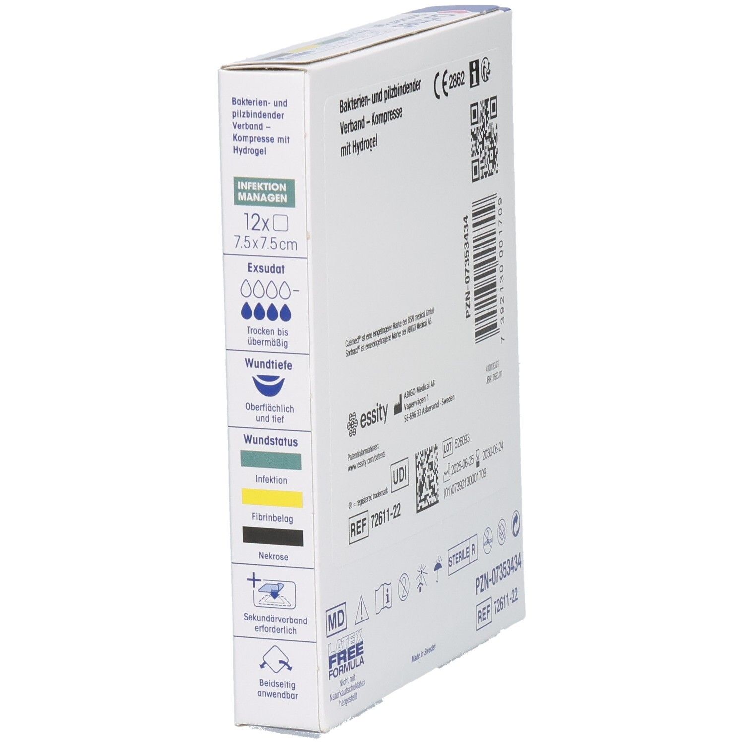 Cutimed Sorbact gel Kompressen-Verpackung. Rückseite und Seitenansicht. Produktinformationen, Codes und Zertifizierungen.