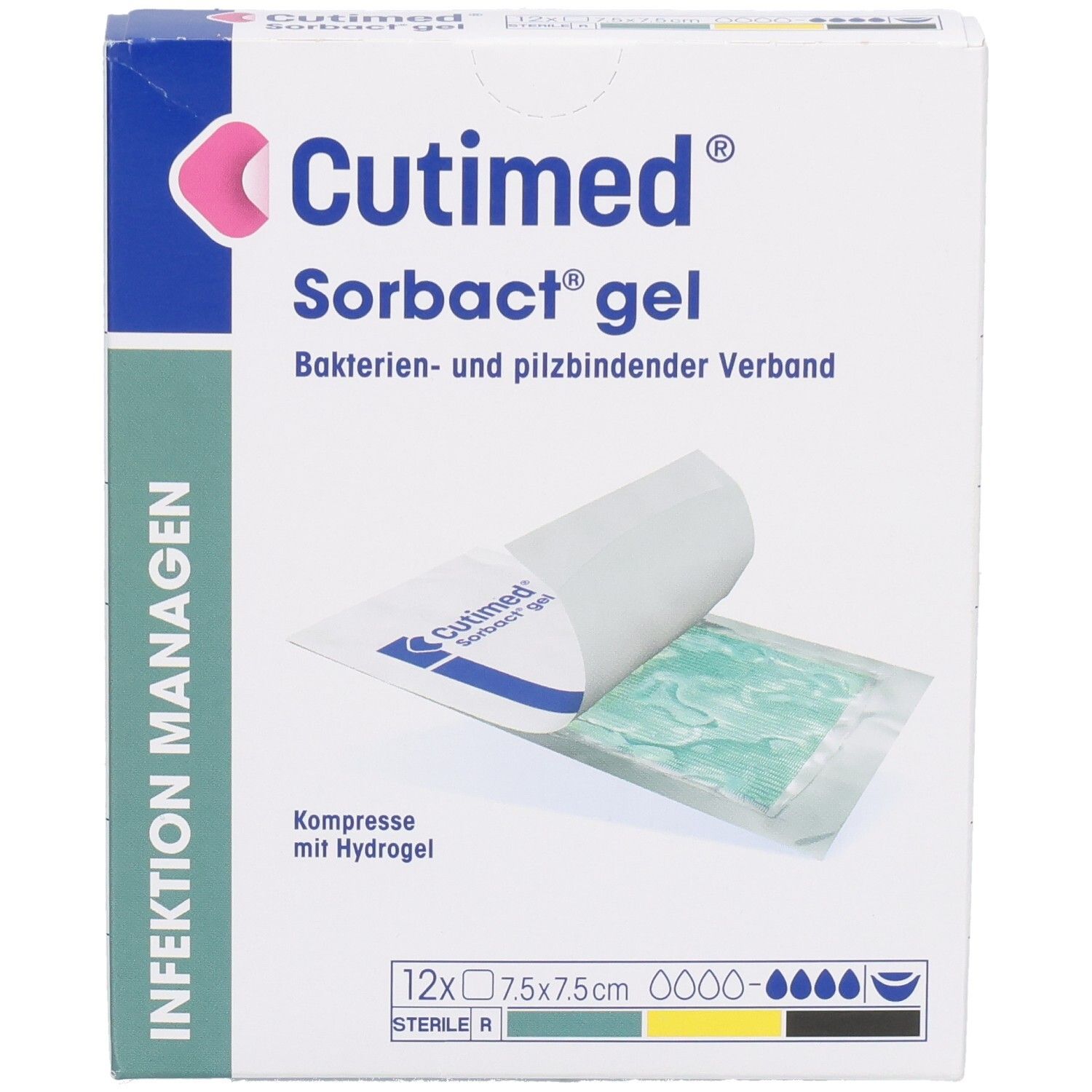 Verpackung mit Cutimed Sorbact gel Kompressen. Geöffnete Packung zeigt Kompresse. 12 Stück, 7,5x7,5 cm.