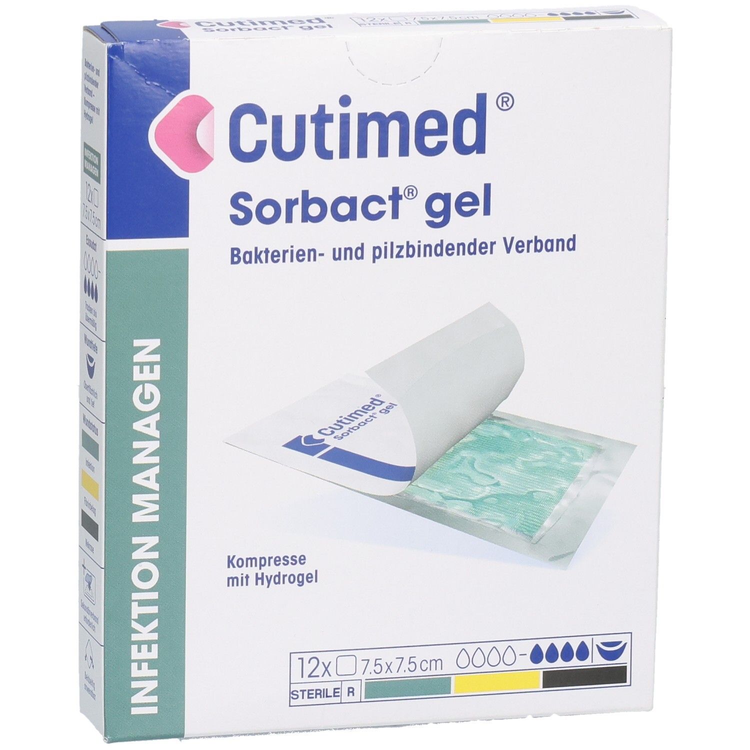 Verpackung mit Cutimed Sorbact gel Kompressen. Geöffnete Packung zeigt Kompresse. 12 Stück, 7,5x7,5 cm.
