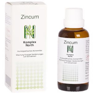 Braune Glasflasche und Karton mit Aufschrift "Zincum Komplex North".