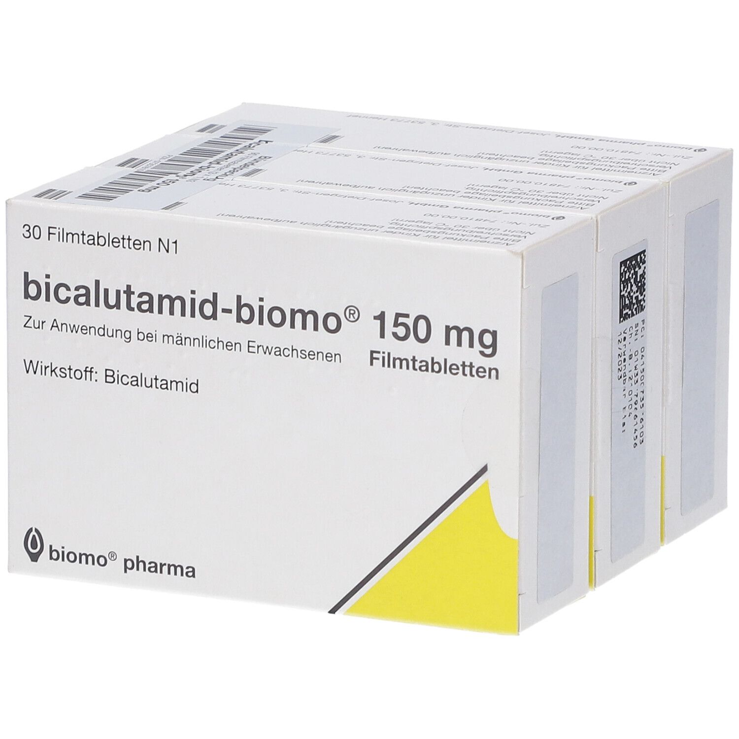 BICALUTAMID biomo 150 mg Filmtabletten Schachtel, Vorderseite mit Produktinformationen.
