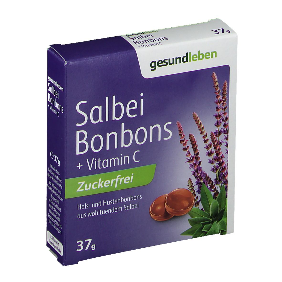 Schachtel mit Salbei Bonbons + Vitamin C. Aufschrift: Zuckerfrei. Abbildung von Bonbons und Salbeipflanze.