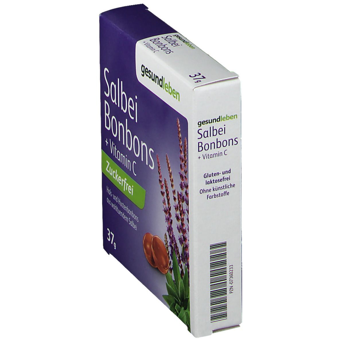 Schachtel mit Salbei Bonbons + Vitamin C. Aufschrift: Zuckerfrei. Seitenansicht mit Produktinformationen.
