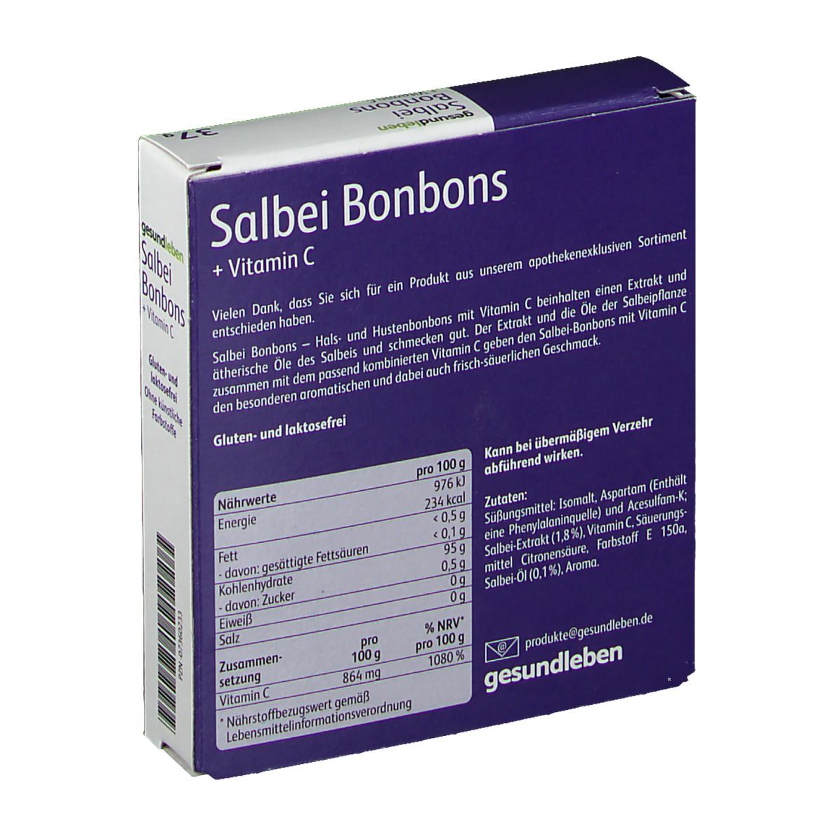 Rückseite der Schachtel mit Salbei Bonbons + Vitamin C. Enthält Nährwertangaben und Zutatenliste.