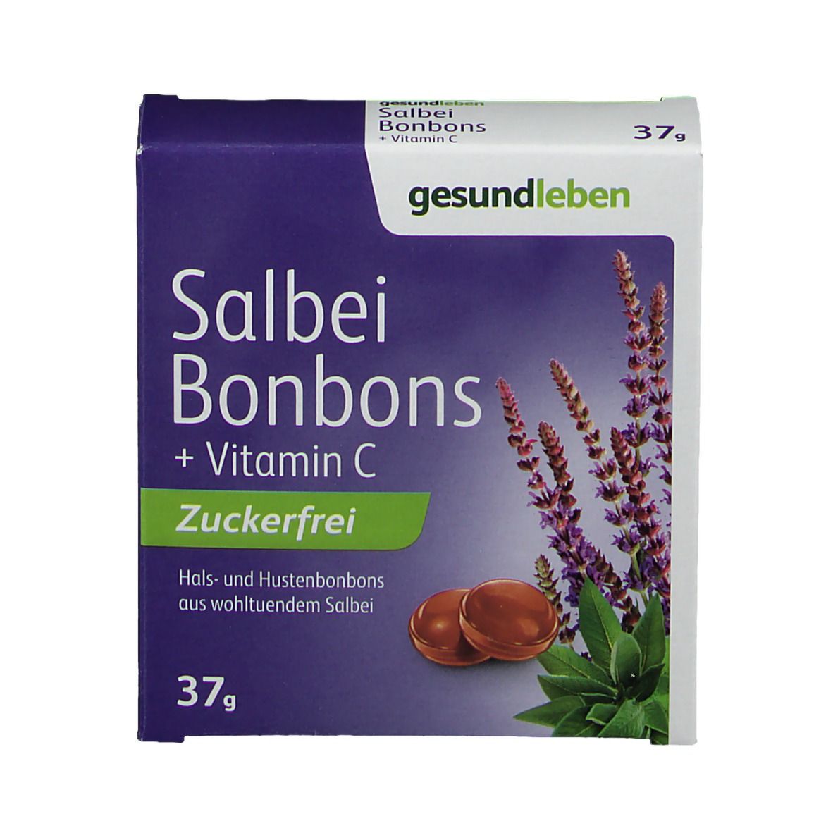 Schachtel mit Salbei Bonbons + Vitamin C. Aufschrift: Zuckerfrei. Abbildung von Bonbons und Salbeipflanze.