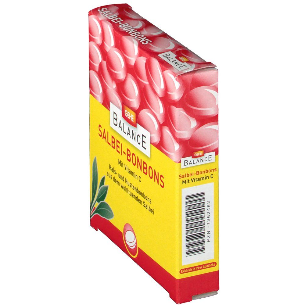 Verpackung mit Salbei-Bonbons. Gelbe und rote Farben. Schriftzug: GEHE BALANCE Salbei-Bonbons mit Vitamin C. Barcode.