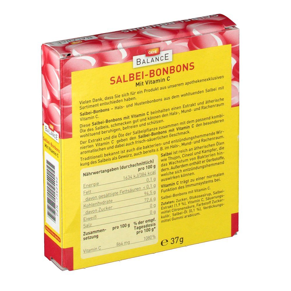 Rückseite der Verpackung mit Salbei-Bonbons. Gelber Hintergrund mit Text und Nährwertangaben. Rote und weiße Bonbon-Grafik.