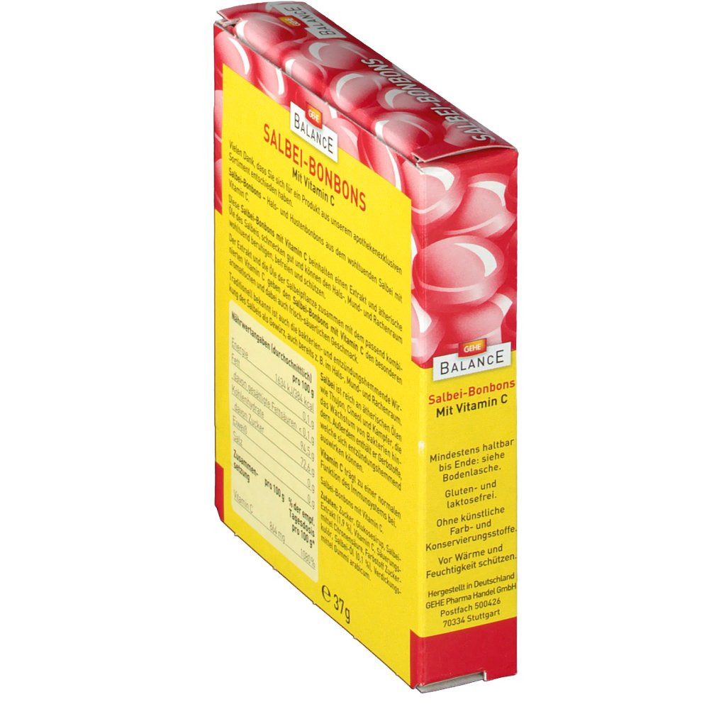 Verpackung mit Salbei-Bonbons. Gelber Hintergrund mit Text und Nährwertangaben. Rote und weiße Bonbon-Grafik. 37g.