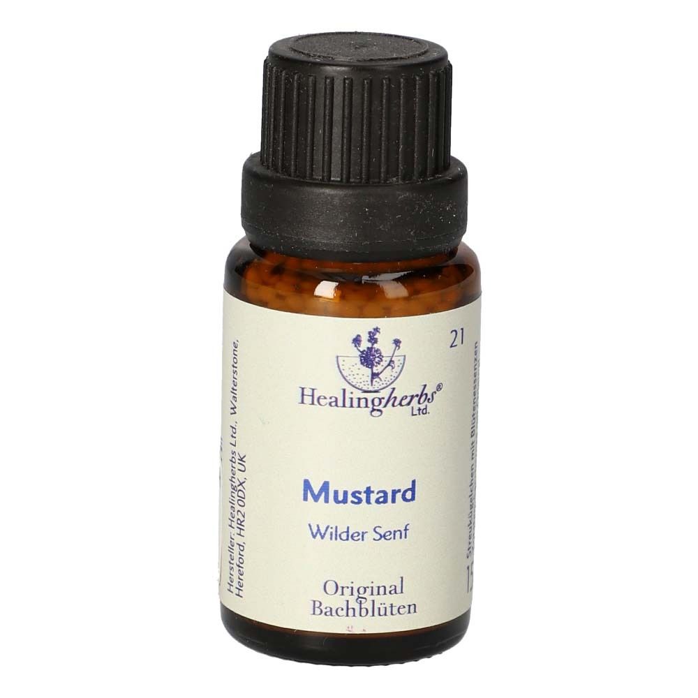 Braune Glasflasche mit schwarzem Deckel. Etikett mit Produktnamen "Mustard", "Wilder Senf" und "Original Bachblüten". Marke: Healing Herbs®.