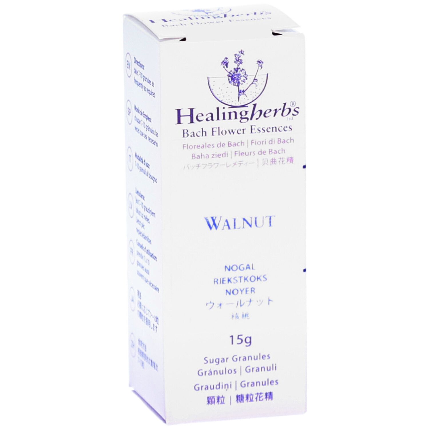 Kartonverpackung mit Produktinformationen. Aufschrift: Healingherbs Bach Flower Essences, Walnut, 15g Sugar Granules.