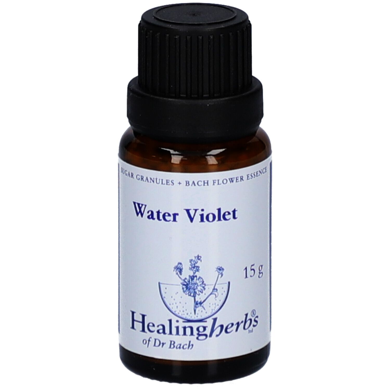Braune Glasflasche mit schwarzem Deckel. Aufkleber mit "Water Violet" und "Healing Herbs". 15g.