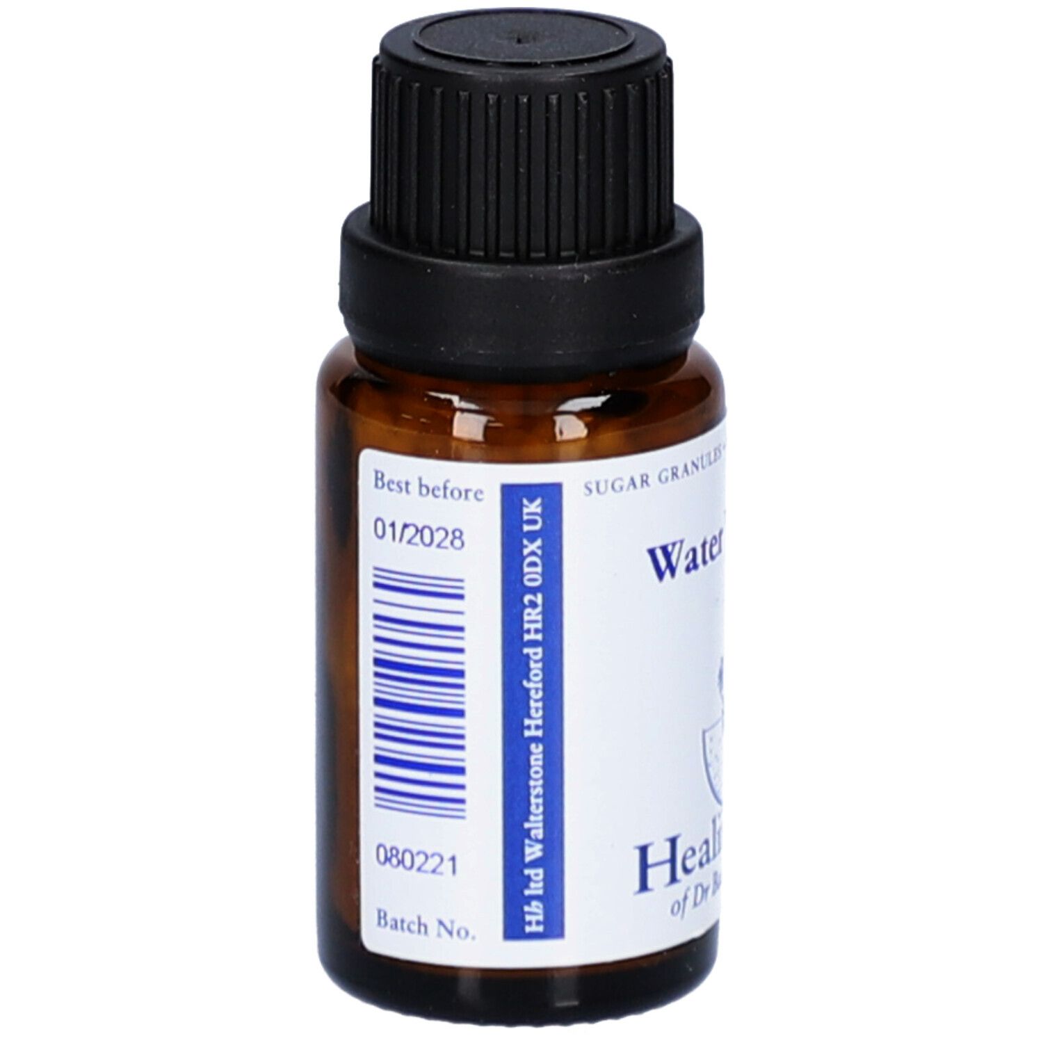 Braune Glasflasche mit schwarzem Deckel. Aufkleber mit "Water Violet" und "Healing Herbs". Haltbarkeit 01/2028.