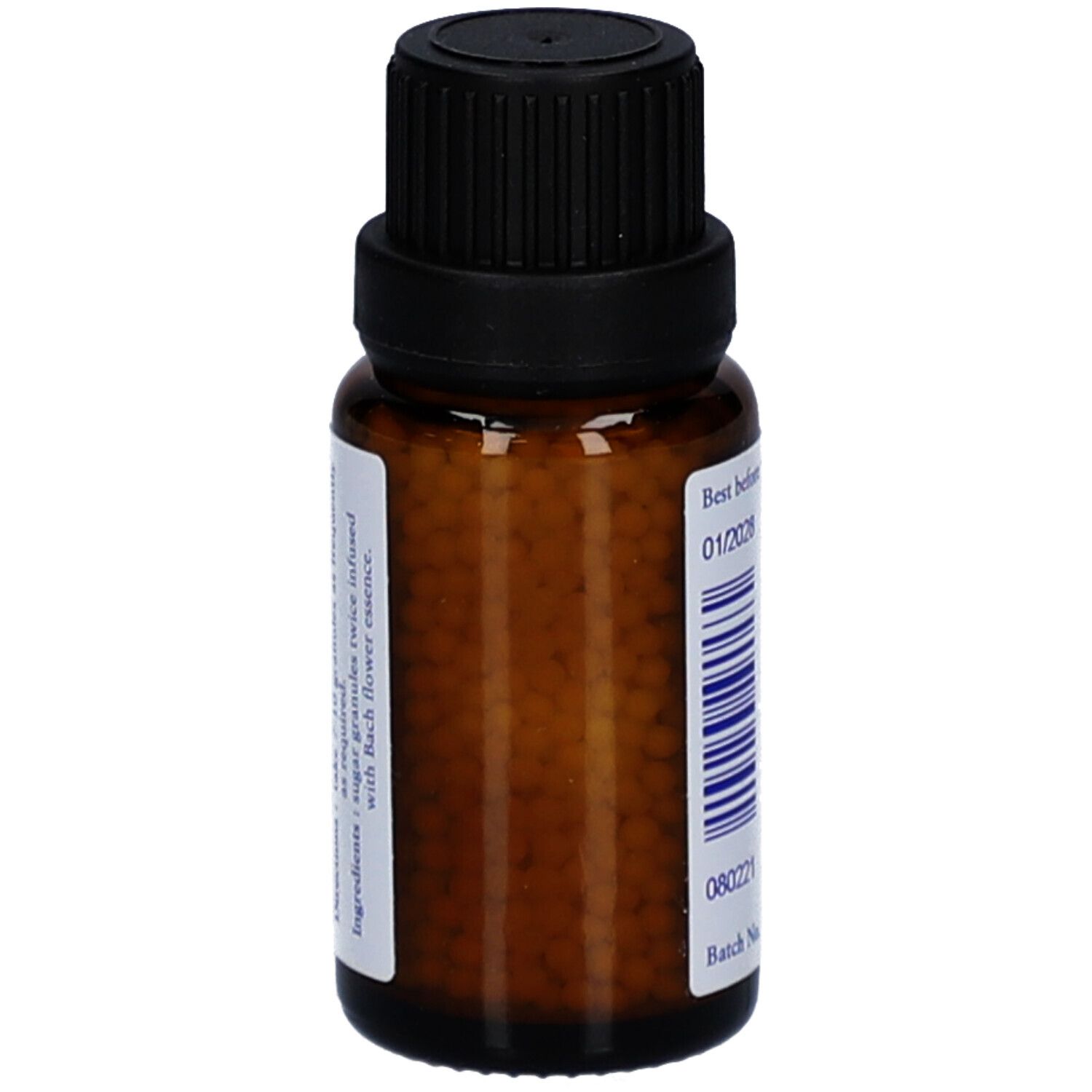 Braune Glasflasche mit schwarzem Deckel. Rückseite mit Barcode und Text. Haltbarkeit 01/2028.