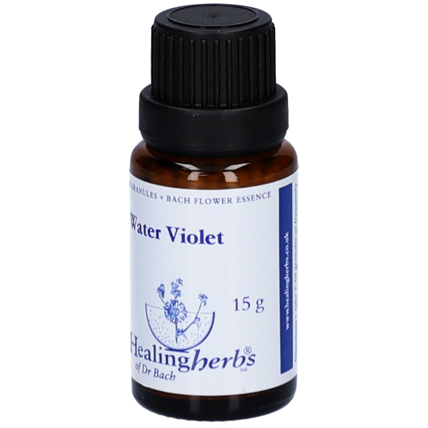 Braune Glasflasche mit schwarzem Deckel. Aufkleber mit "Water Violet", "Healing Herbs" und 15g.