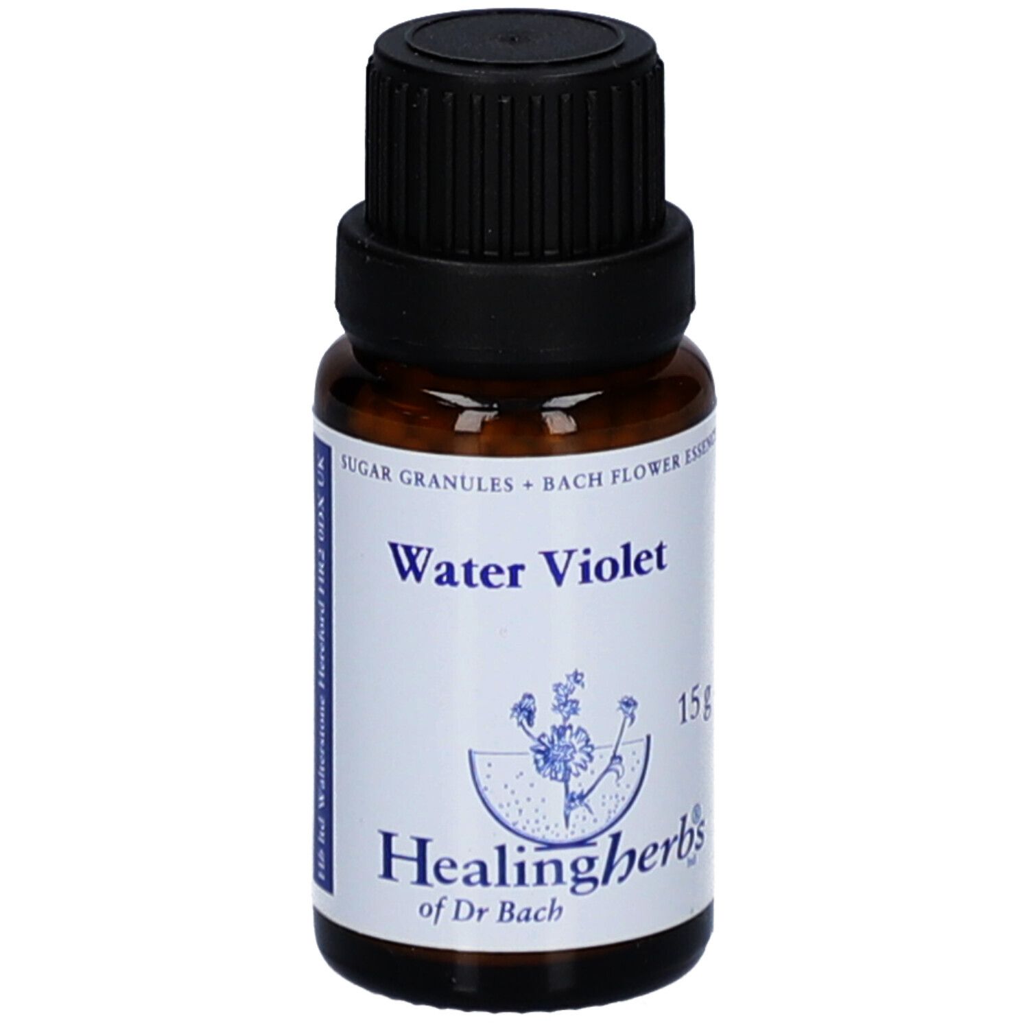 Braune Glasflasche mit schwarzem Deckel. Aufkleber mit "Water Violet", "Healing Herbs" und 15g.