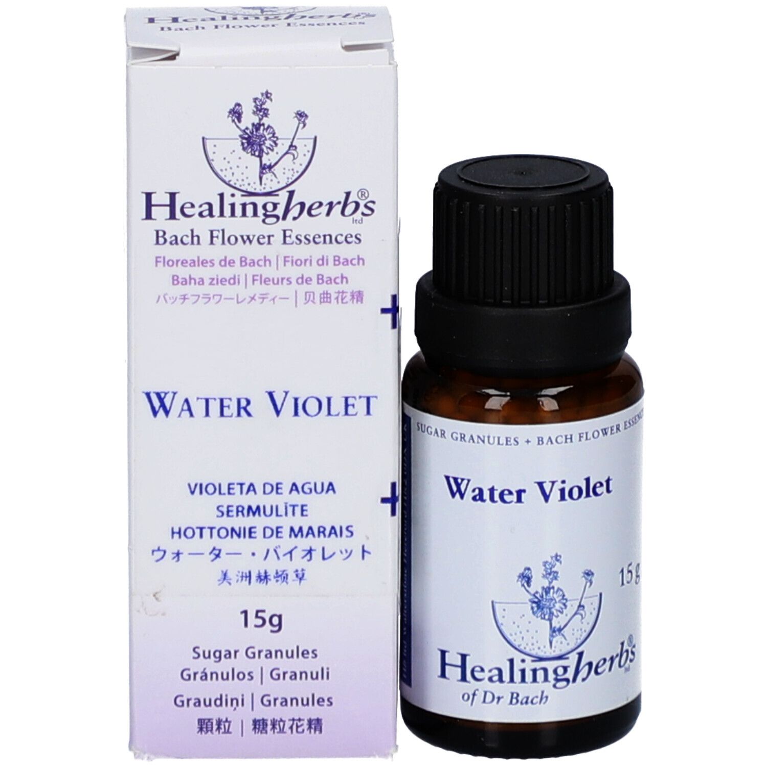 Produktverpackung und Flasche. Verpackung mit "Water Violet" und "Healing Herbs". Flasche mit 15g.