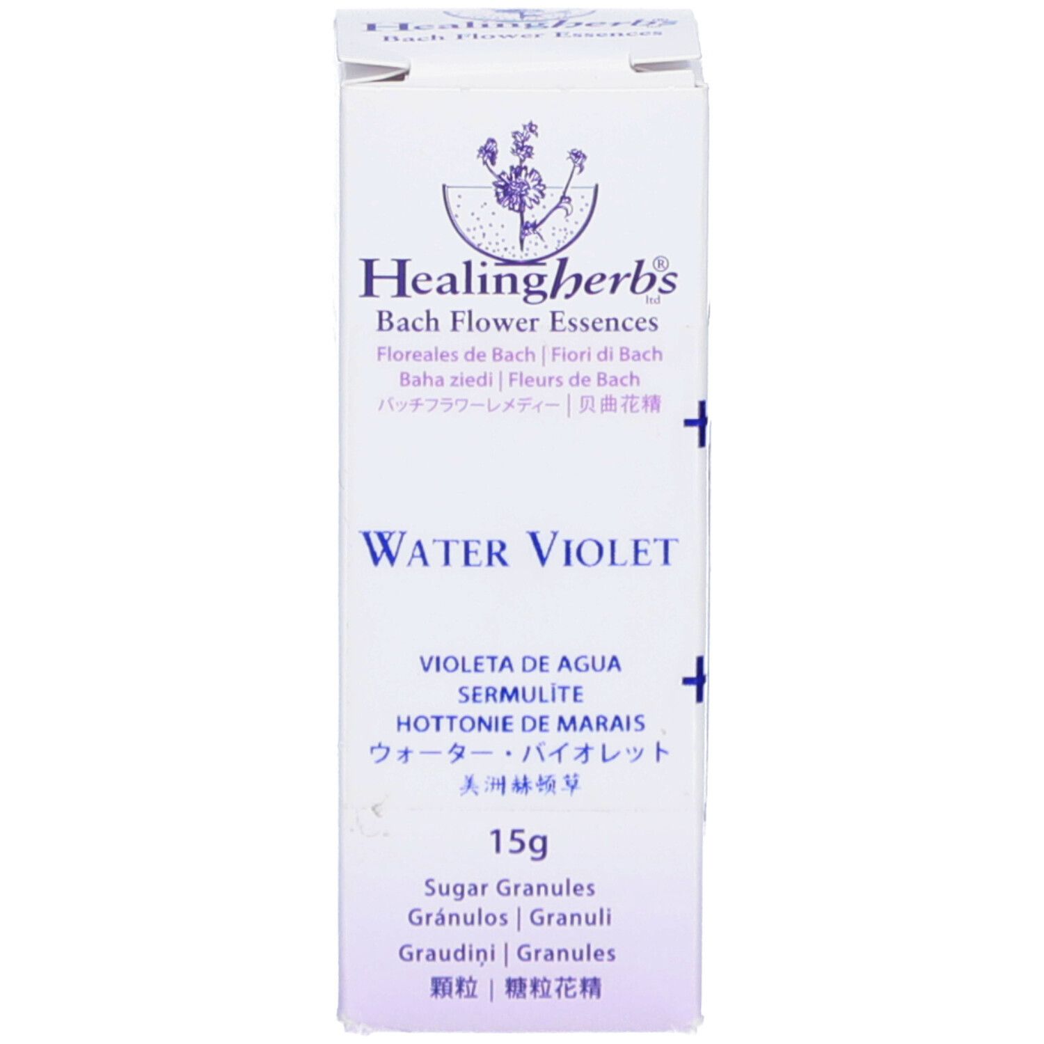 Produktverpackung mit "Water Violet" und "Healing Herbs". Mehrsprachige Produktinformationen und 15g.