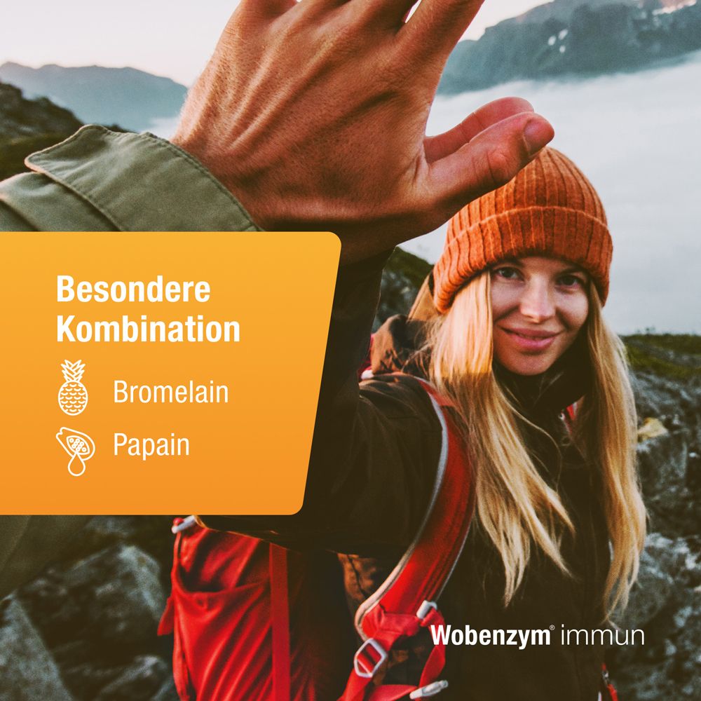 Frau und Mann im Freien. Text: Besondere Kombination. Bromelain, Papain. Wobenzym® immun.