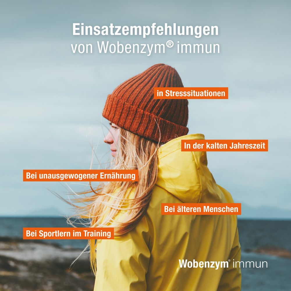 Frau mit Mütze im Freien. Text: Einsatzempfehlungen von Wobenzym® immun. In Stresssituationen, kalte Jahreszeit, Ernährung.