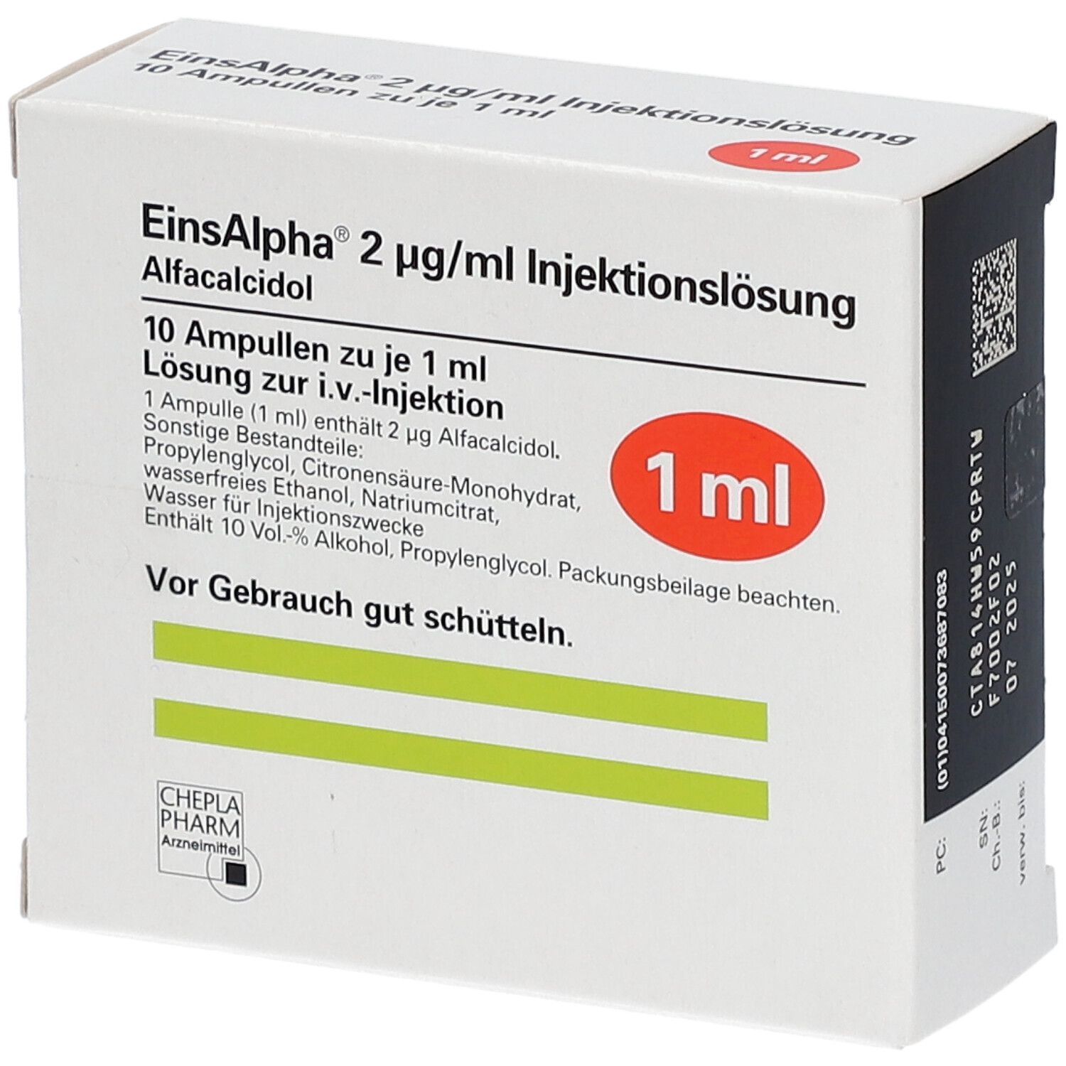 Karton von Einsalpha® Injektionslösung. Enthält 10 Ampullen zu je 1 ml. Roter Kreis mit "1 ml". Text: "Vor Gebrauch gut schütteln."