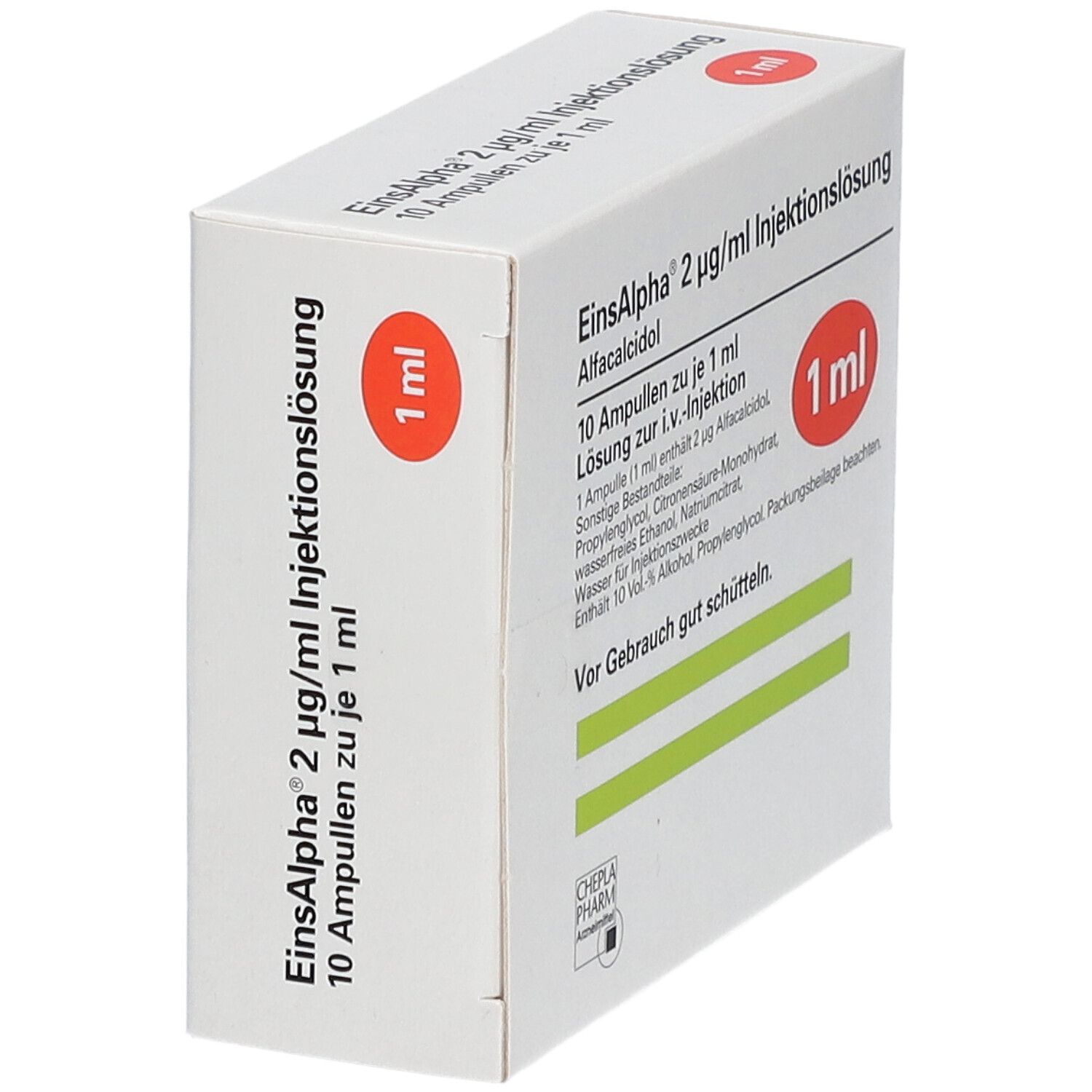 Karton von Einsalpha® Injektionslösung. Enthält 10 Ampullen zu je 1 ml. Roter Kreis mit "1 ml". Text: "Vor Gebrauch gut schütteln."