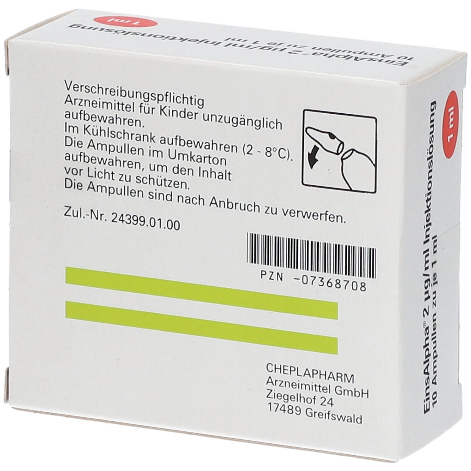 Rückseite der Einsalpha® Injektionslösung-Verpackung. Enthält Informationen und ein PZN-Nummer. Mit einem Symbol für die Entsorgung der Ampullen.