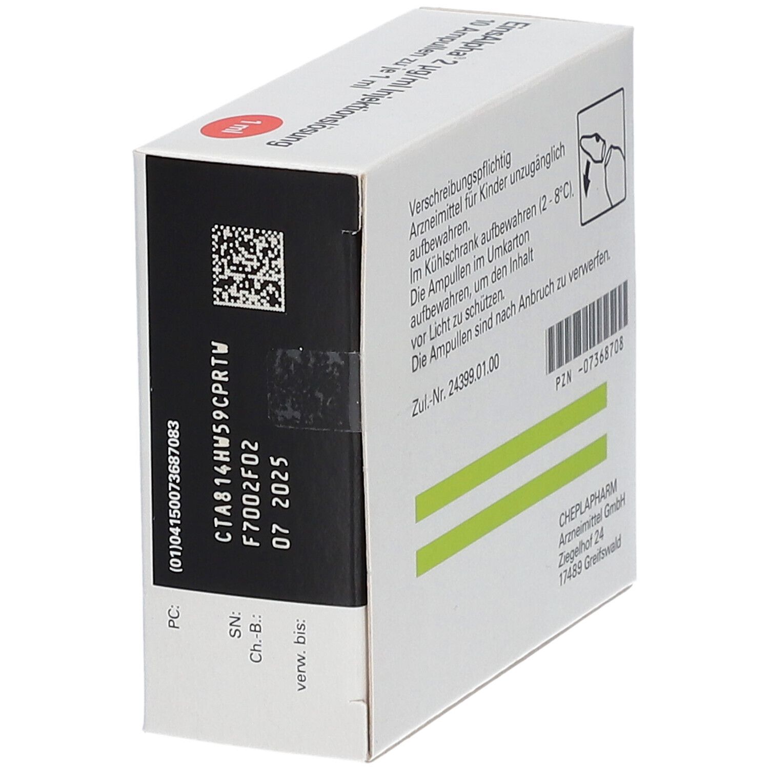 Seite der Einsalpha® Injektionslösung-Verpackung. Enthält Informationen wie Chargennummer und Verfallsdatum. Mit einem Barcode.