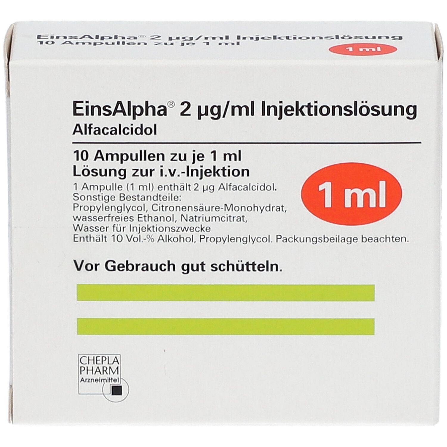 Karton von Einsalpha® Injektionslösung. Enthält 10 Ampullen zu je 1 ml. Roter Kreis mit "1 ml". Text: "Vor Gebrauch gut schütteln."