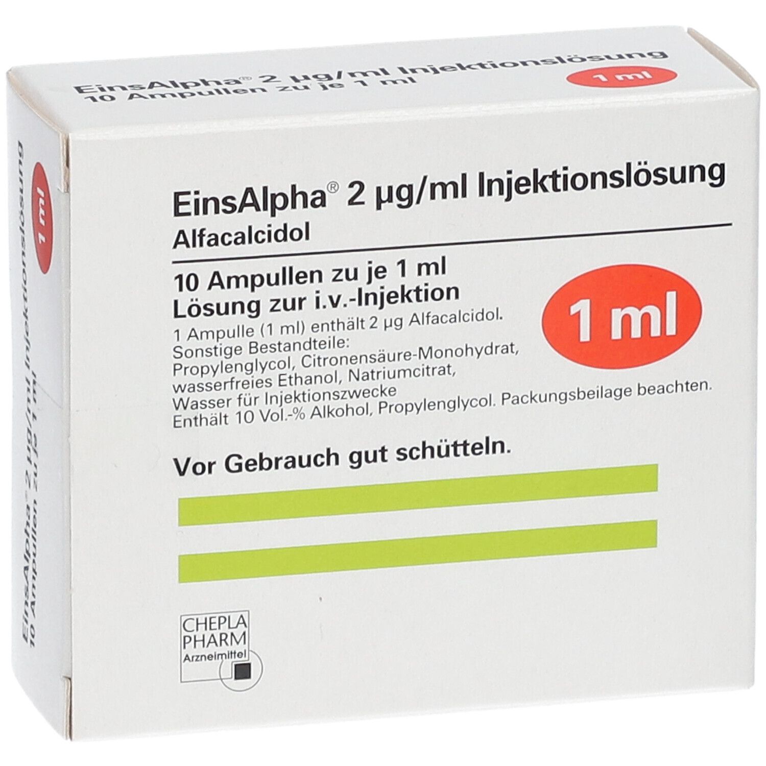 Karton von Einsalpha® Injektionslösung. Enthält 10 Ampullen zu je 1 ml. Roter Kreis mit "1 ml". Text: "Vor Gebrauch gut schütteln."