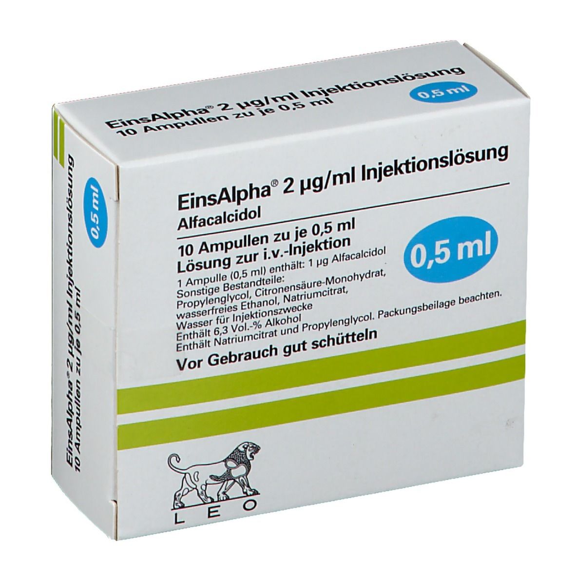 Schachtel mit Einsalpha® Injektionslösung. Aufschrift: 2 µg/ml, 10 Ampullen zu je 0,5 ml. Logo: Löwe. Blaue Markierung: 0,5 ml.