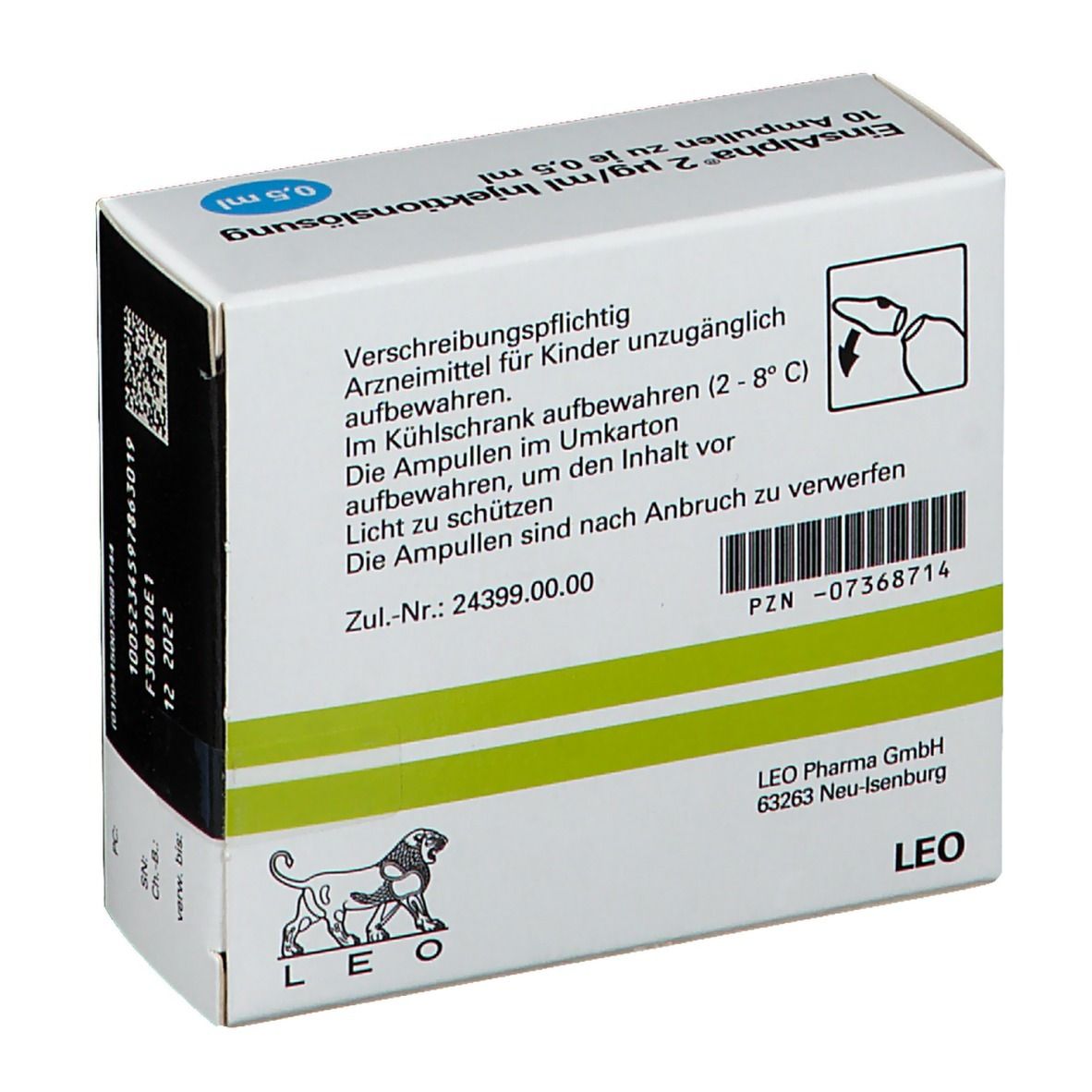 Rückseite der Schachtel Einsalpha® Injektionslösung. Text: Verschreibungspflichtig. Logo: Löwe. PZN-Nummer. Hinweise zur Aufbewahrung.