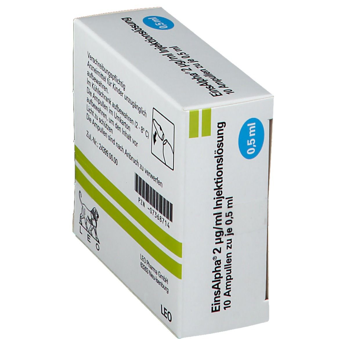 Schachtel Einsalpha® Injektionslösung. Aufschrift: 2 µg/ml, 10 Ampullen zu je 0,5 ml. Logo: Löwe. Blaue Markierung: 0,5 ml. Winkelansicht.