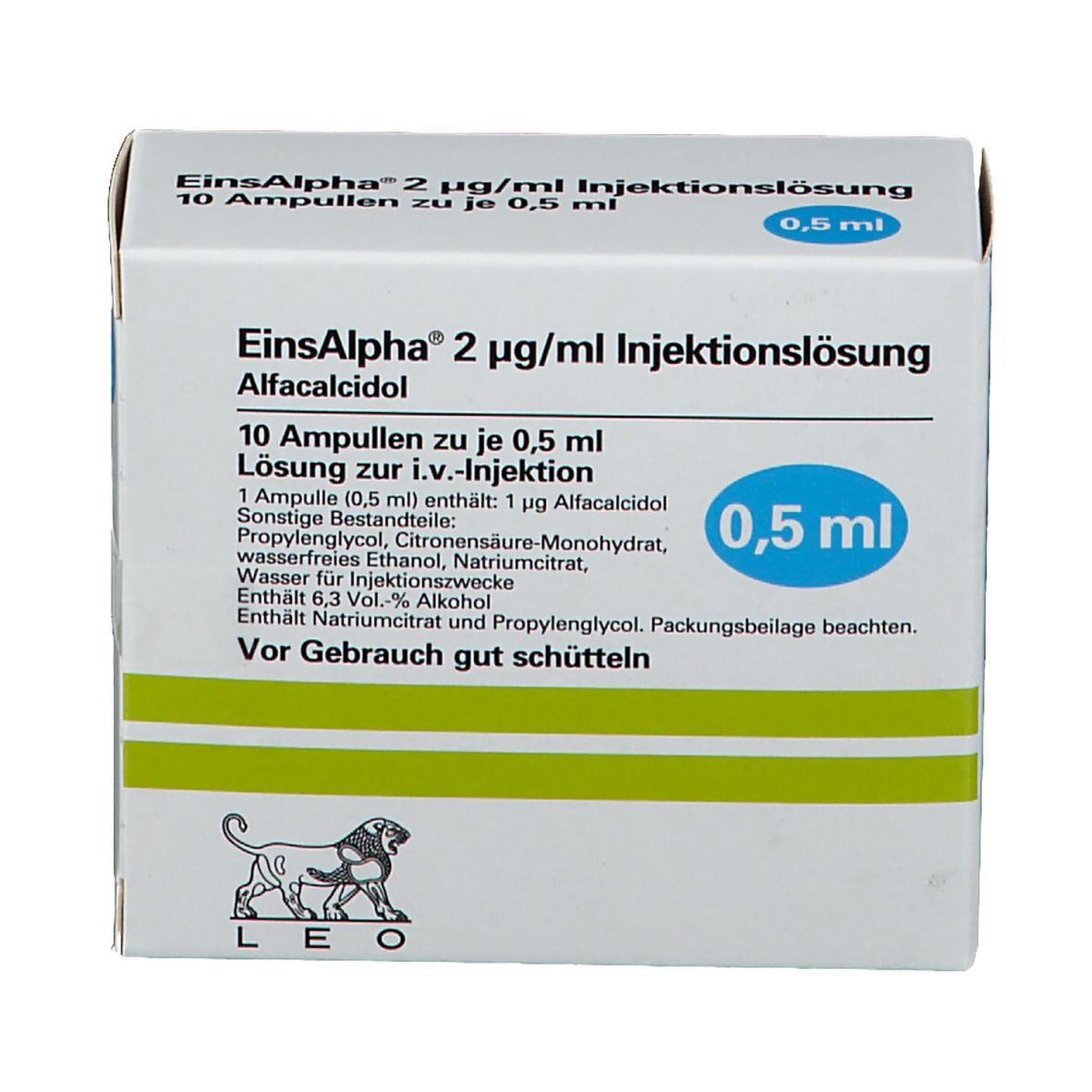 Schachtel Einsalpha® Injektionslösung. Aufschrift: 2 µg/ml, 10 Ampullen zu je 0,5 ml. Logo: Löwe. Blaue Markierung: 0,5 ml. Produktinformationen.