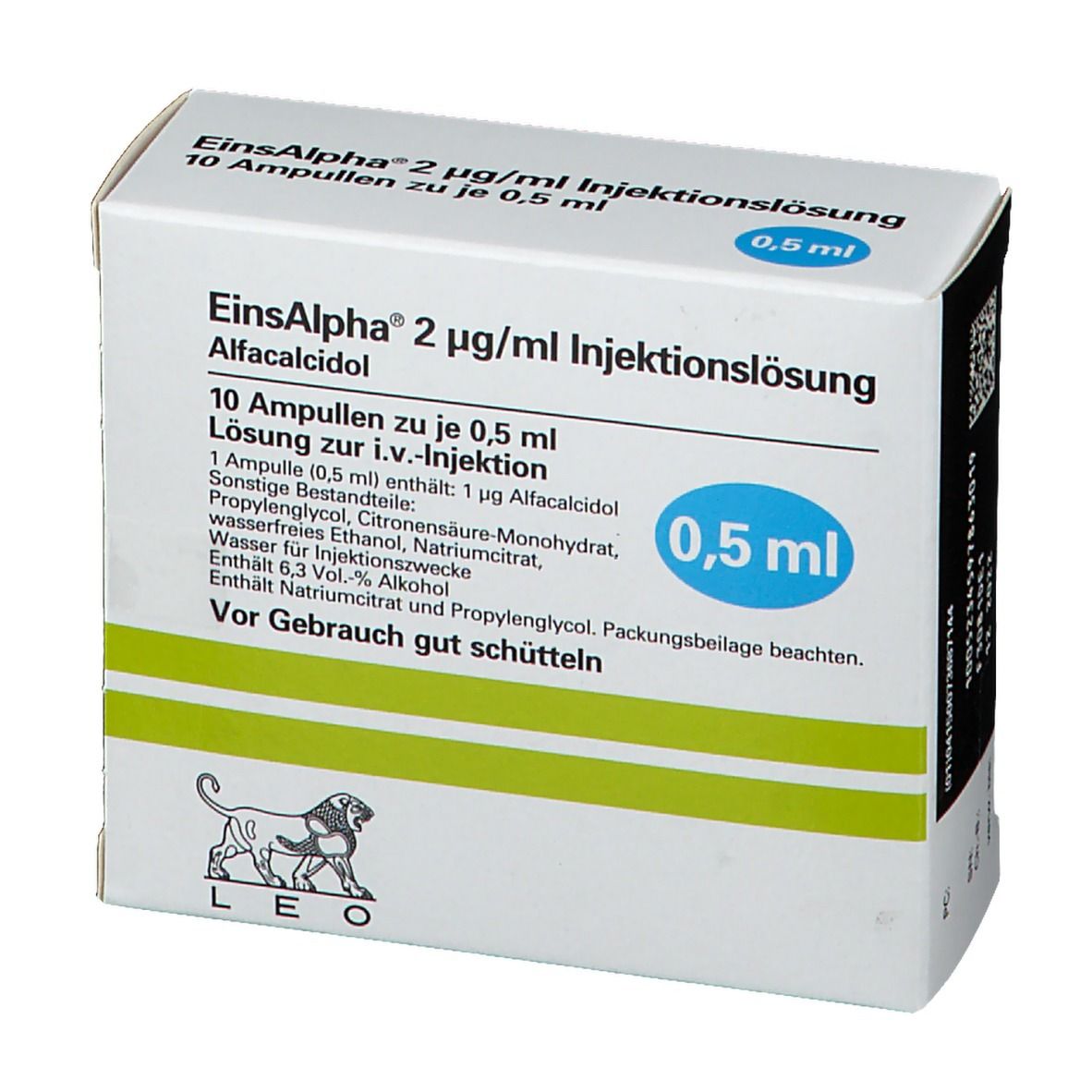 Schachtel Einsalpha® Injektionslösung. Aufschrift: 2 µg/ml, 10 Ampullen zu je 0,5 ml. Logo: Löwe. Blaue Markierung: 0,5 ml. Produktinformationen.