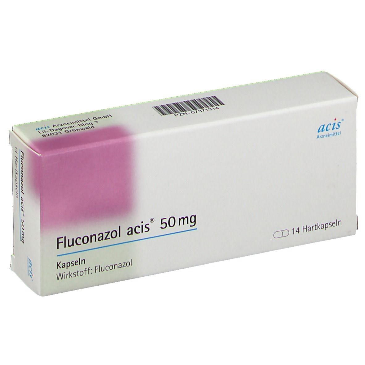 Schachtel mit FLUCONAZOL acis 50 mg Kapseln. Weiße Schachtel mit lila Akzent. Text: 14 Hartkapseln, Wirkstoff: Fluconazol.