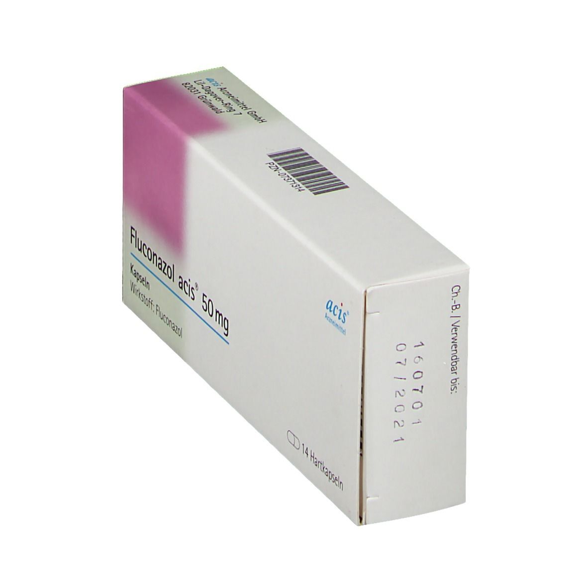 Schachtel mit FLUCONAZOL acis 50 mg Kapseln. Weiße Schachtel mit lila Akzent. Barcode und Verfallsdatum.