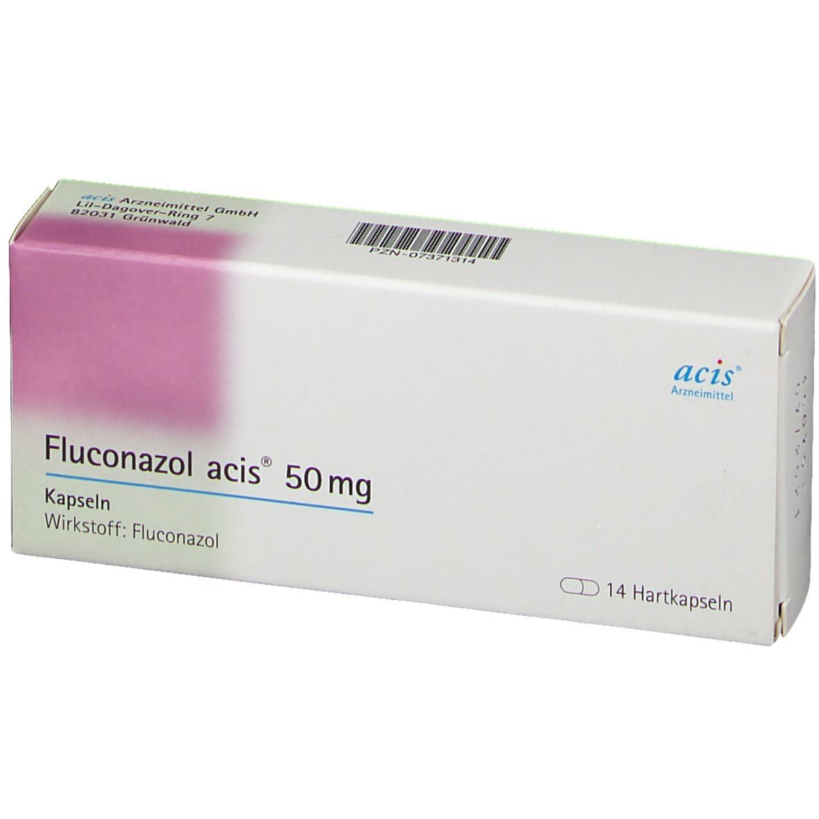 Schachtel mit FLUCONAZOL acis 50 mg Kapseln. Weiße Schachtel mit lila Akzent. Text: 14 Hartkapseln, Wirkstoff: Fluconazol.