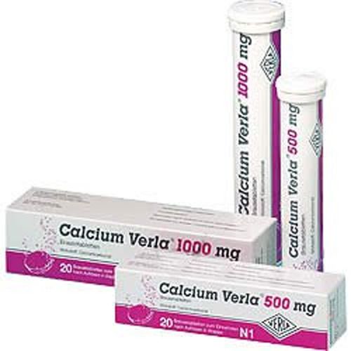Zwei Röhrchen und zwei Schachteln mit Calcium Verla. Aufschrift: 1000 mg und 500 mg. Verpackung mit 20 Brausetabletten.