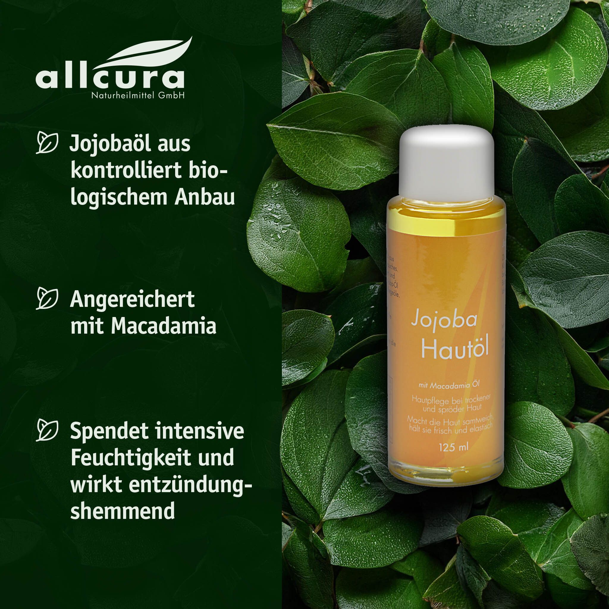 Flasche Jojoba Hautöl, umgeben von Blättern. Aufschrift: Jojoba Hautöl, 125 ml. Logo allcura.